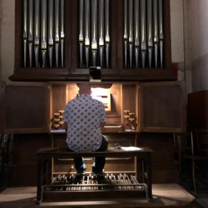 Jeff Kurtenacker, lead composer on The Girl Who Wore Freedom, playing the organ