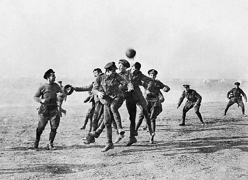 Armistice Day football match at Dale Barracks between german soldiers and Royal Welsh fusiliers to remember the famous Christmas Day truce between germany and Britain