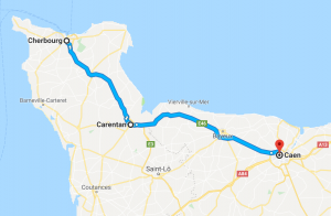 map showing path from Cherbourg to Caen that includes Carentan