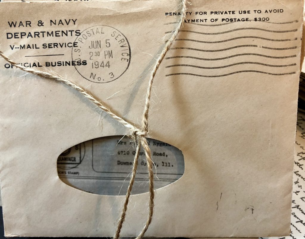 Close up image of a V-Mail envelope stamped with the year 1944