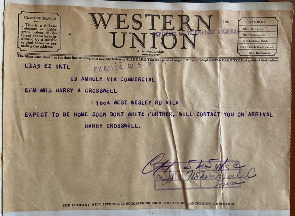 Final telegram "Expect to be home soon"